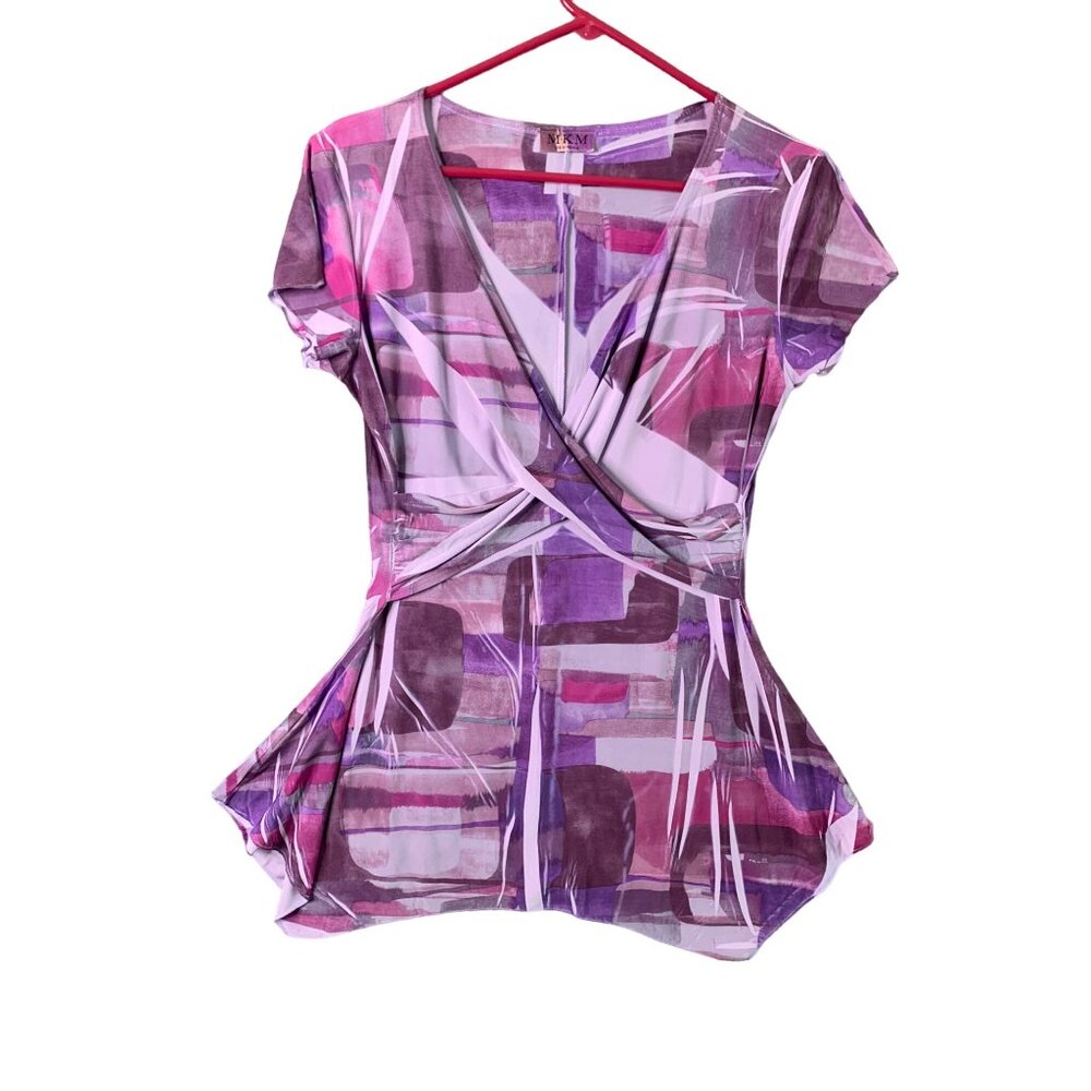 MKM Womens Size Medium Vneck Sublimation Tunic Top Shirt Purple Print Short slee